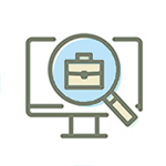 パソコンの画面の前にある虫眼鏡で鞄を見ているアイコン